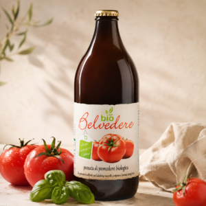 Passata di Pomodoro Biologica Belvedere z Kalabrii na jasnym tle z pomidorami i bazylią - Calabrisella