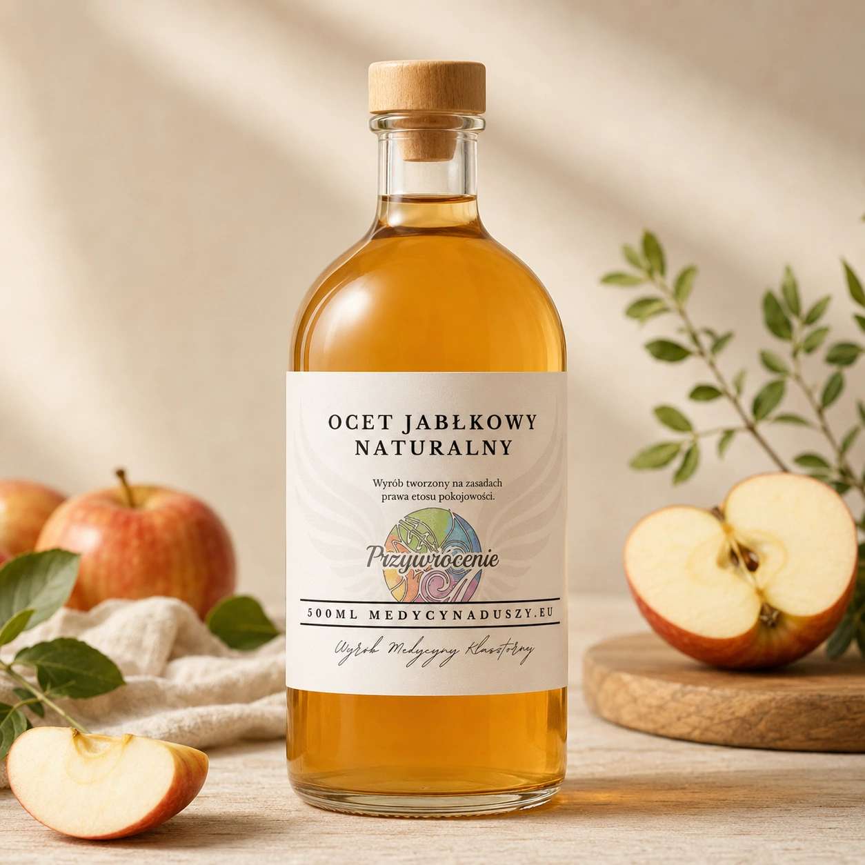 Ocet jabłkowy naturalny 500 ml w szklanej butelce z etykietą Medycyna Duszy