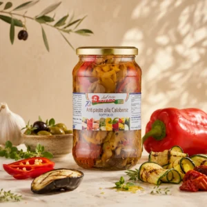 Antipasto alla Calabrese sottolio na jasnym śródziemnomorskim tle z papryką, oliwkami, czosnkiem i warzywami - Calabrisella