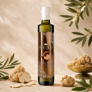 Oliwa truflowa Portaro Tartufo Bianco na jasnym tle z truflami i liśćmi oliwnymi - Calabrisella
