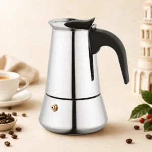 Czajniczek Café Moka 100 ml na jasnym tle z filiżanką espresso i ziarnami kawy - Calabrisella