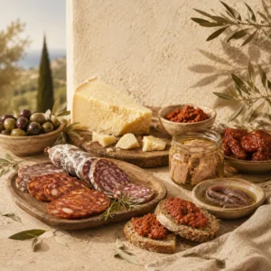 Kalabryjska Deska — zestaw antipasti z ndują suszonymi pomidorami i bruschettą
