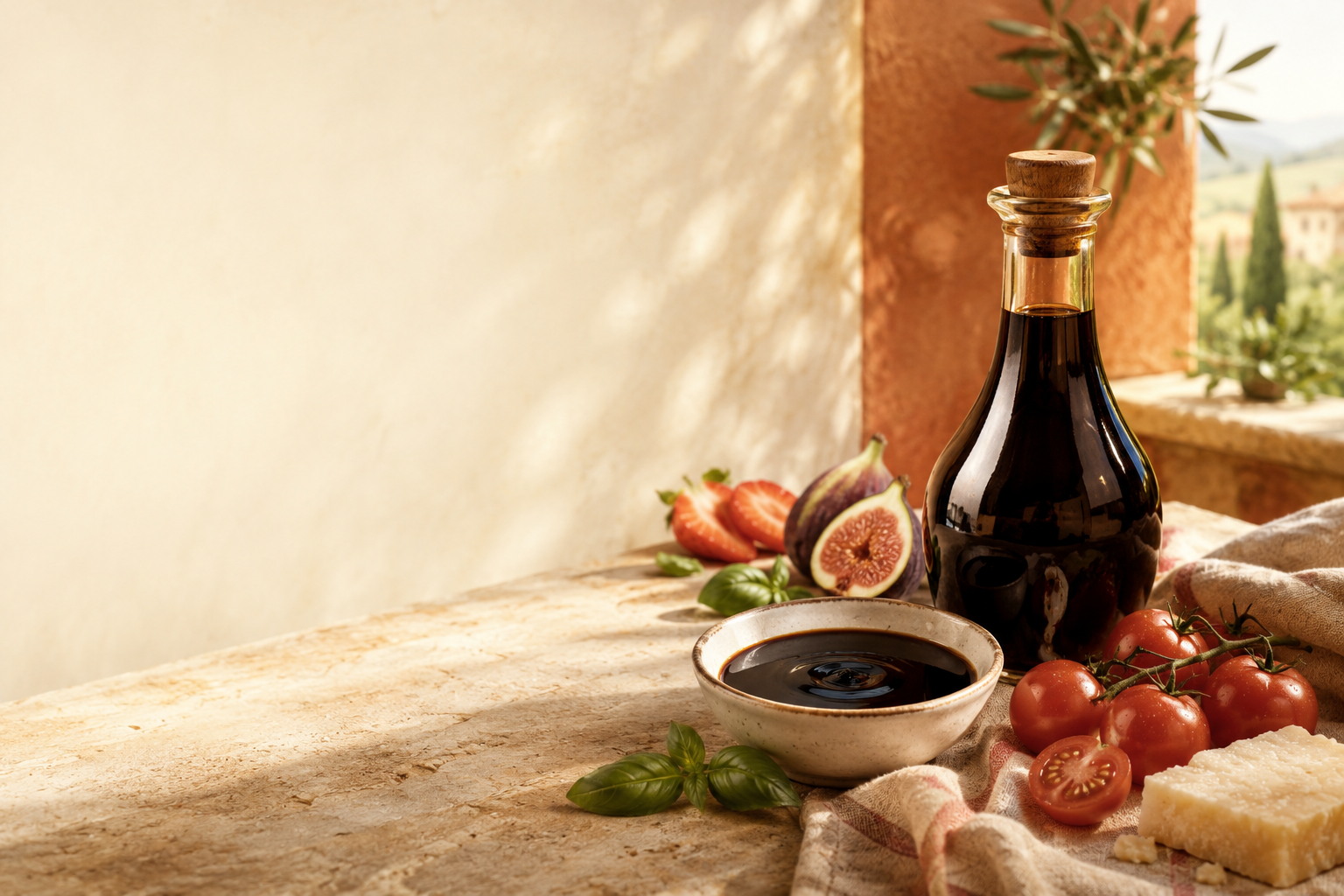 Butelka octu balsamicznego Modena IGP Belvedere na tle drewnianych beczek dojrzewalniczych — autentyczny ocet balsamiczny z Modeny.