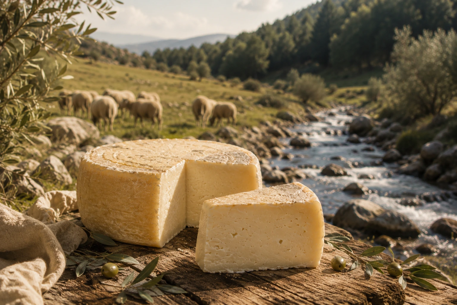 Pecorino Caseificio Oliverio nad czystą rzeką Fiume Lese z wolno pasącymi się owcami w Kalabrii