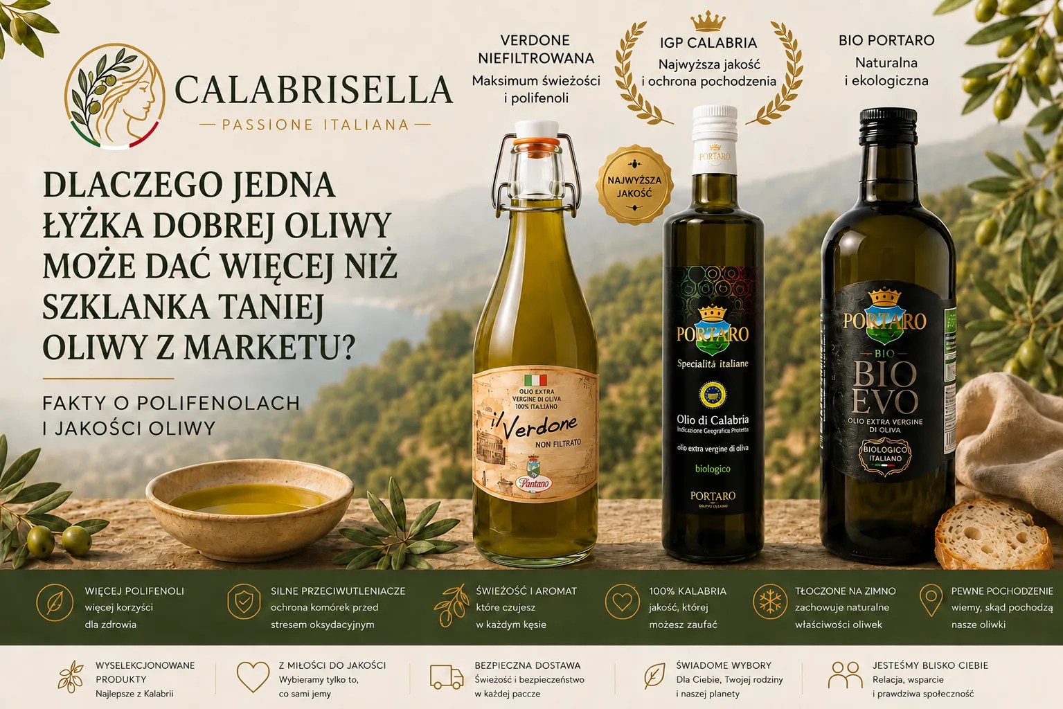 Porównanie oliwy premium z Kalabrii i taniej oliwy marketowej — polifenole, przeciwutleniacze i jakość