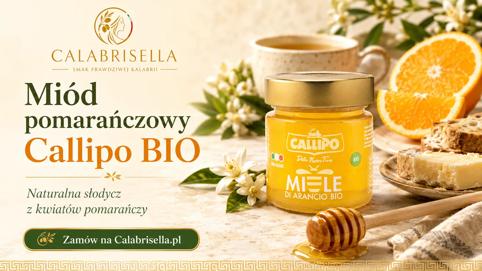 Miód Pomarańczowy Callipo BIO na jasnym rustykalnym stole z naturalnym światłem i cytrusowym charakterem