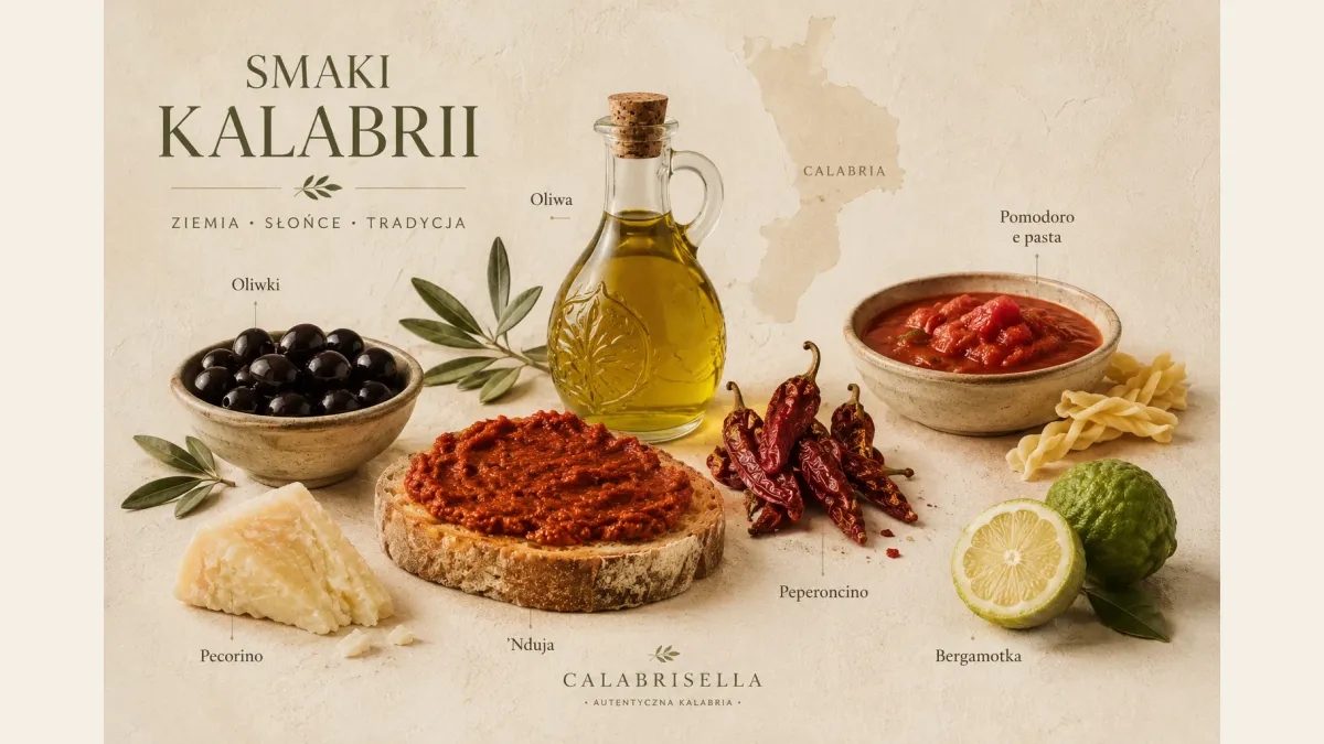Kalabryjski stół z oliwą, oliwkami, peperoncino i tradycyjnymi smakami południa Włoch