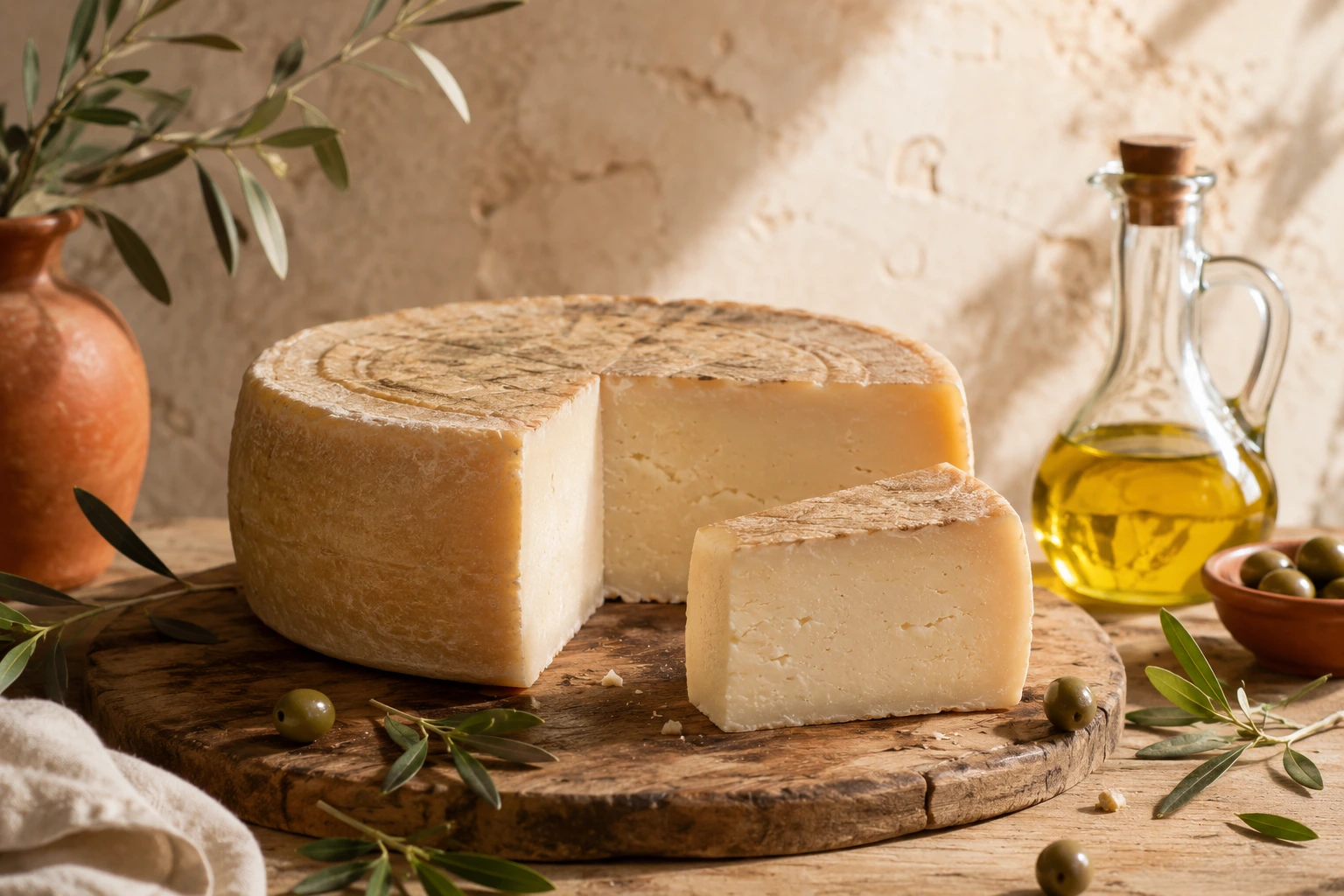 Pecorino z Kalabrii od Caseificio Oliverio z oliwą i oliwkami na rustykalnym stole